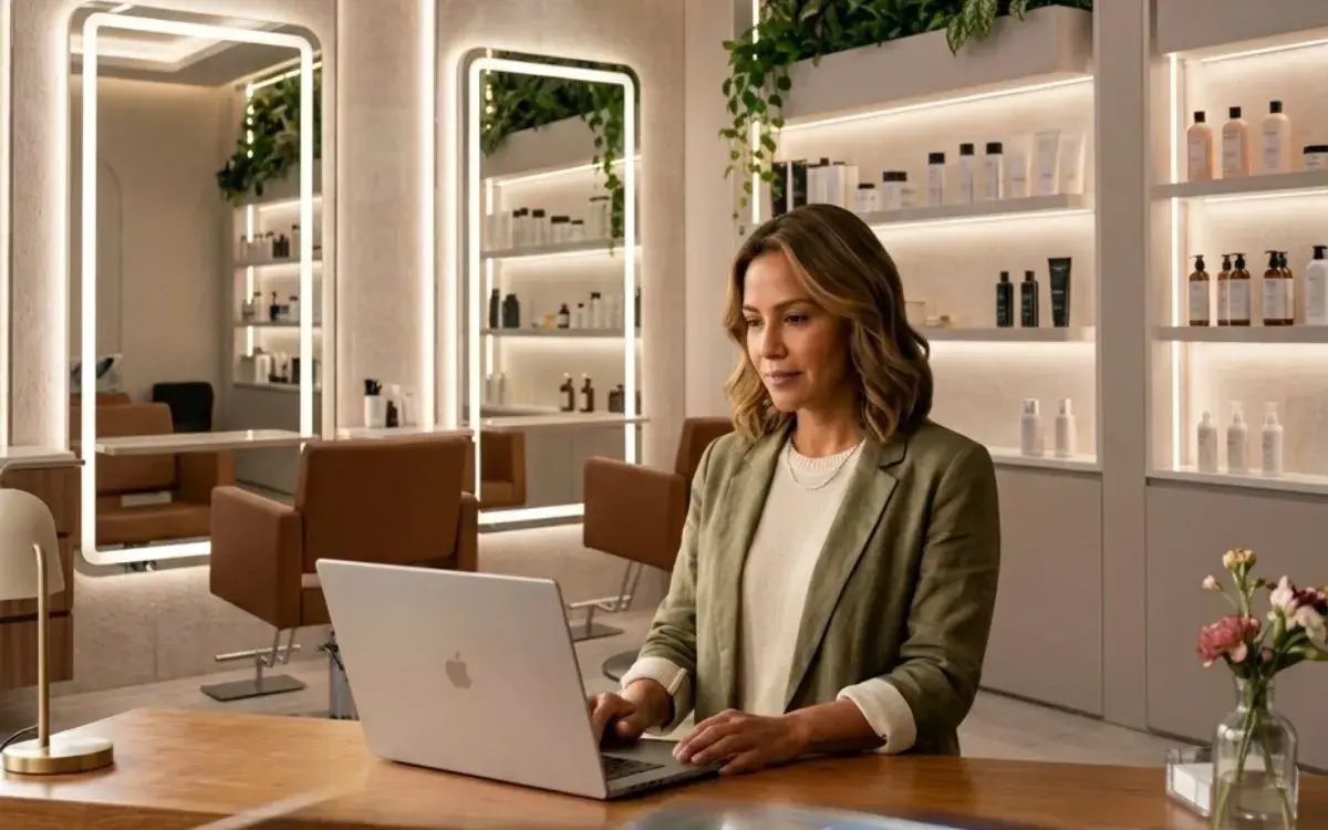 Dona de um salão usando o Kapi no computador