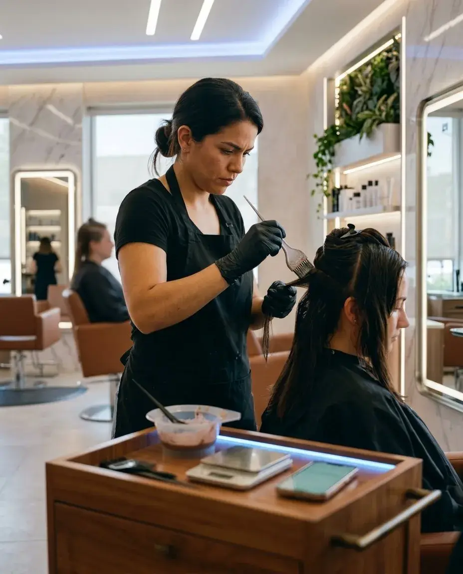 Estilista de um salão de beleza trabalhando a coloração de uma cliente